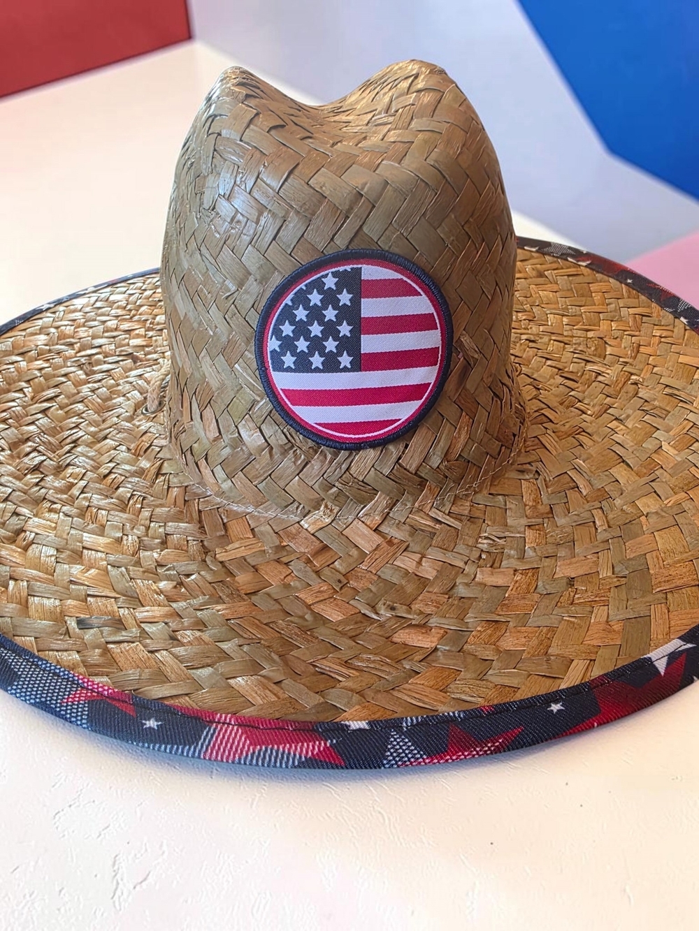 Straw Sun Hat with American Flag Patch - Natural